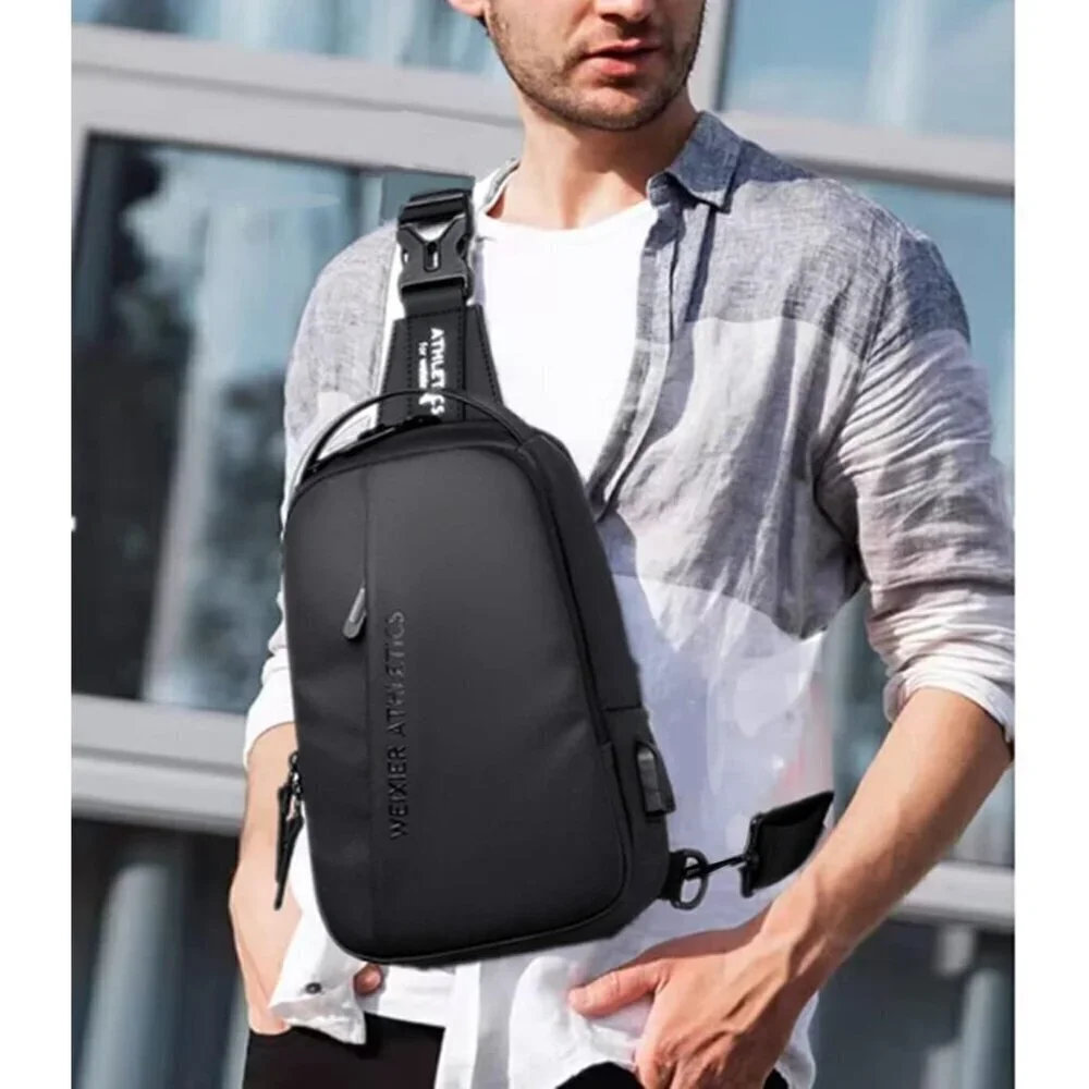 💫 Men Black Crossbody Bag Sling Waterproof USB Charging Port Headphone Backpack